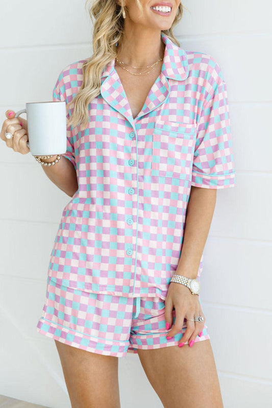 Purple Checkered Pattern Short Sleeve Pajamas Set - Blu Lotus Boutique