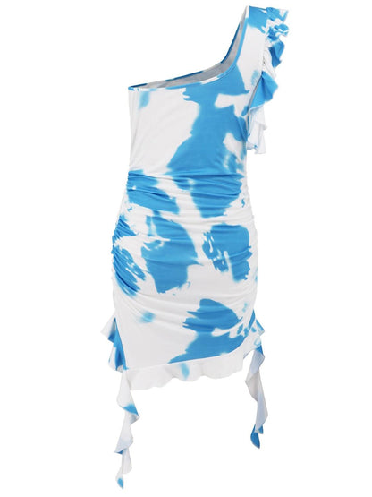 Ruffled Tie-Dye Single Shoulder Mini Dress - Blu Lotus Boutique