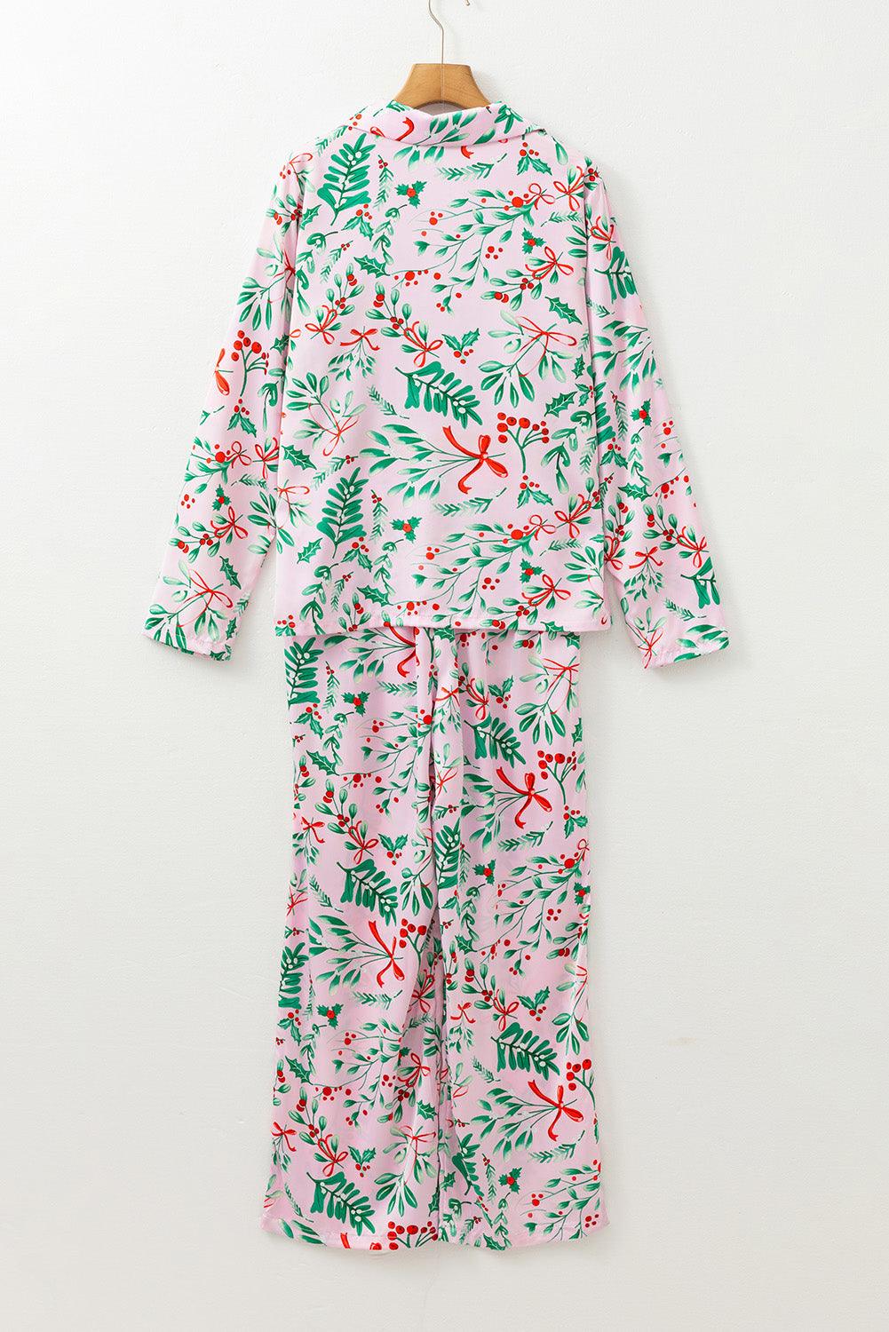 Pink Christmas Berries Plant Print Satin Long Sleeve Pajama Set - Blu Lotus Boutique