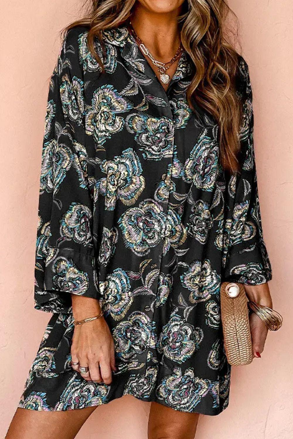 Printed Button Up Three-Quarter Sleeve Shirt Dress - Blu Lotus Boutique