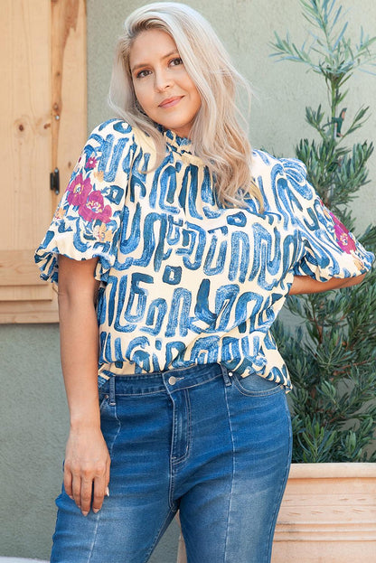 Sky Blue Stripe Plus Size Abstract Print Floral Embroidered Puff Sleeve Blouse - Blu Lotus Boutique