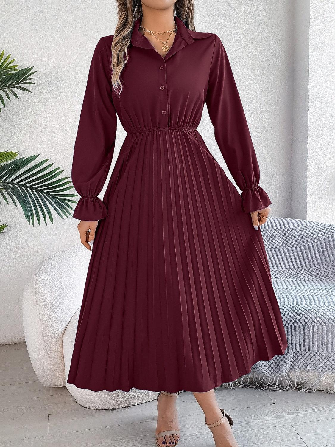 Pleated Half Button Long Sleeve Midi Dress - Blu Lotus Boutique