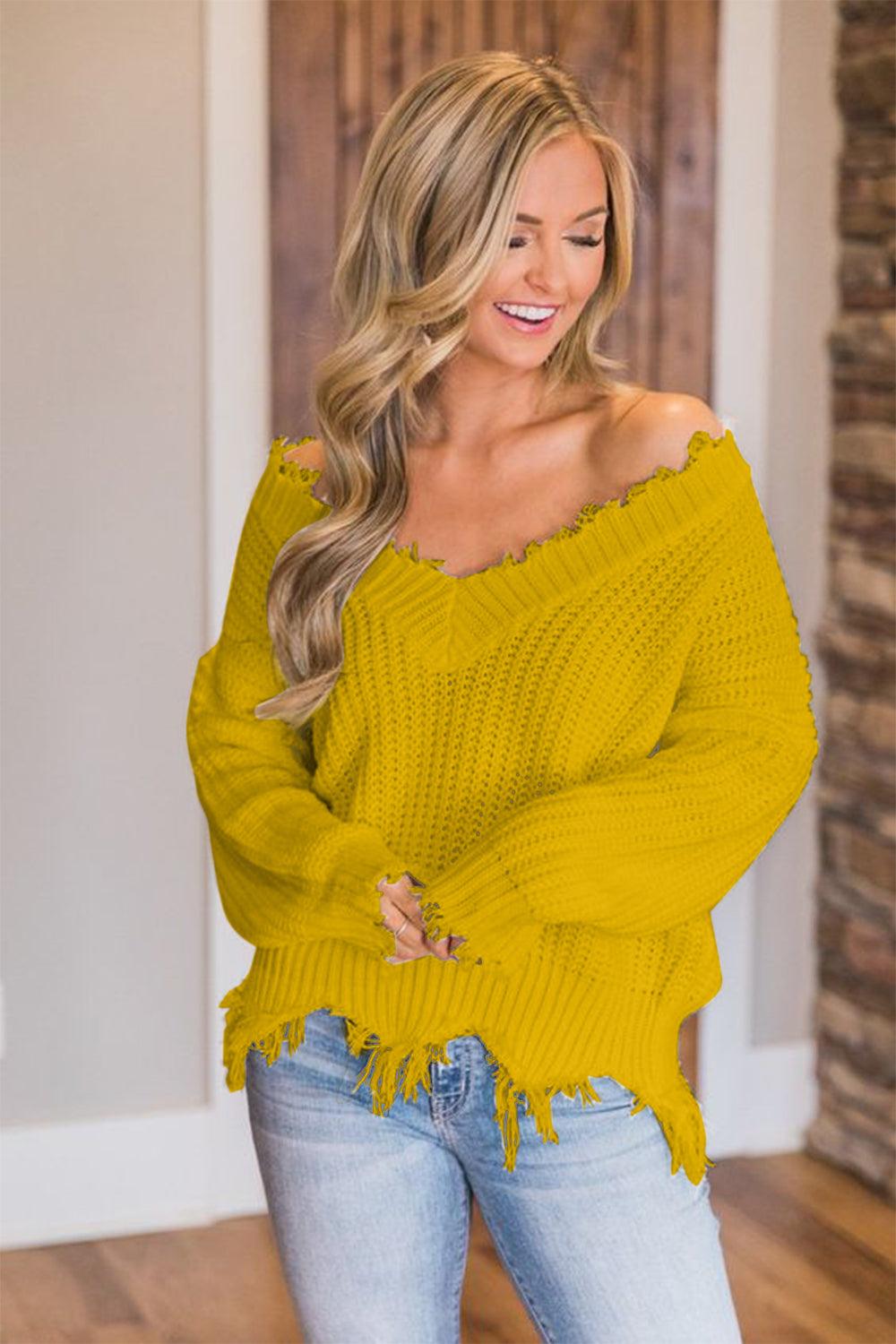 Frayed Hem Dropped Shoulder Sweater - Blu Lotus Boutique