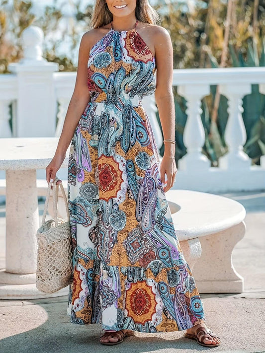 Printed Halter Neck Maxi Dress - Blu Lotus Boutique