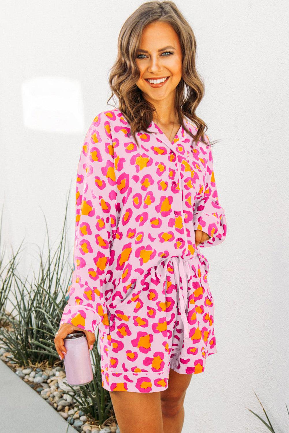 Pink Leopard Print Long Sleeve Shirt and Shorts Pajama Set - Blu Lotus Boutique