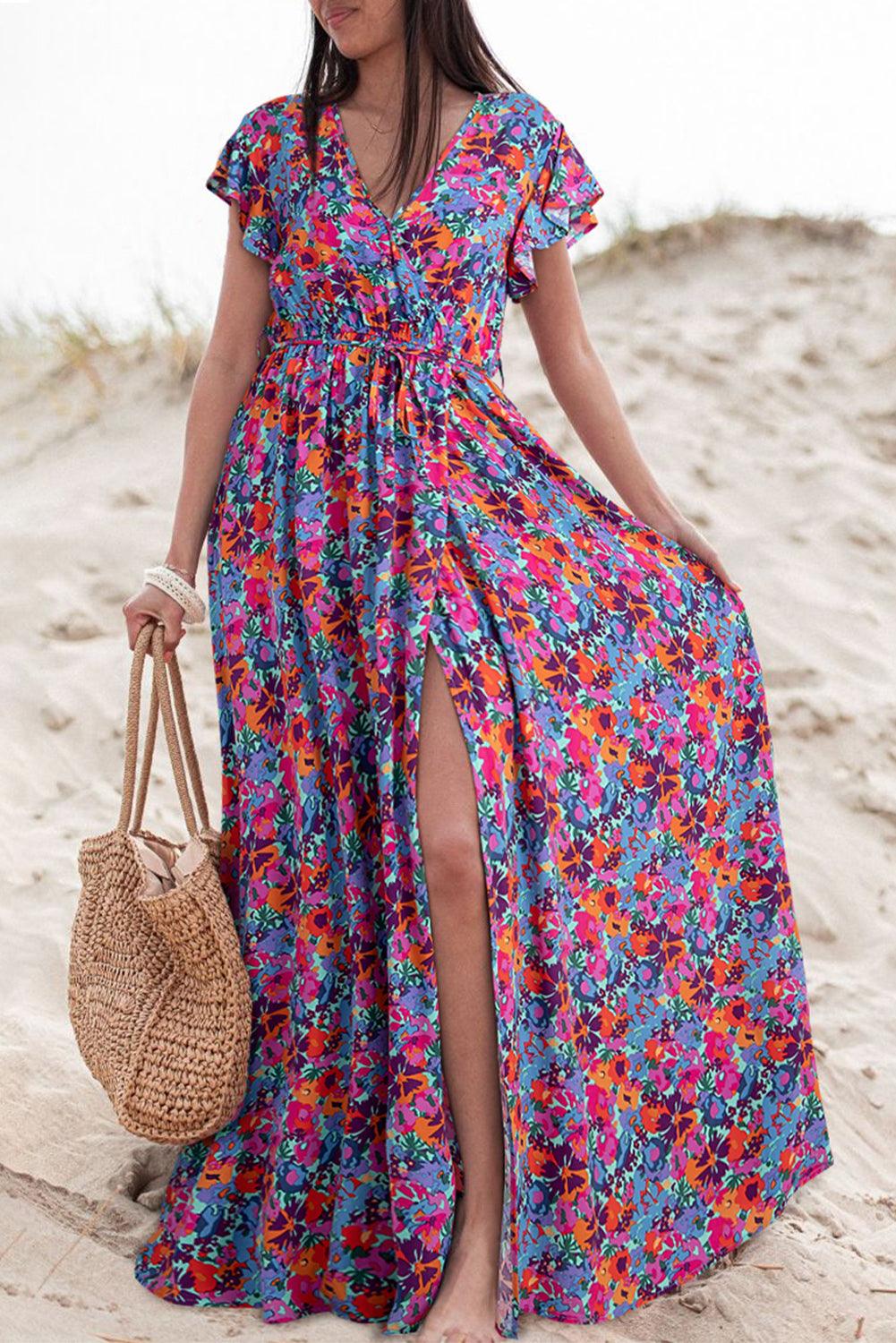 Blue Floral Print V Neck Wrap Split Maxi Dress - Blu Lotus Boutique