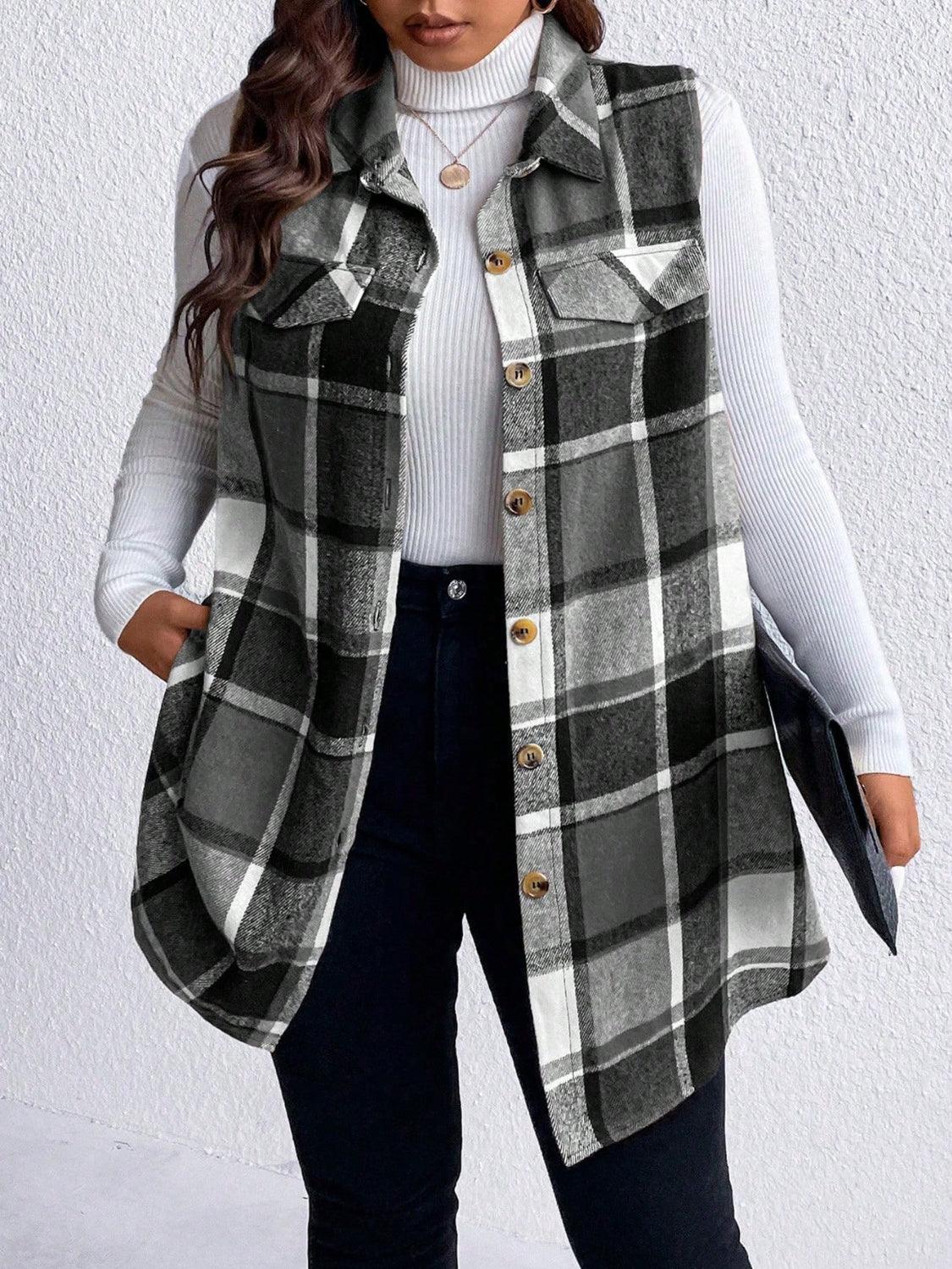 Honey Plus Size Pocketed Plaid Button Up Vest Coat - Blu Lotus Boutique