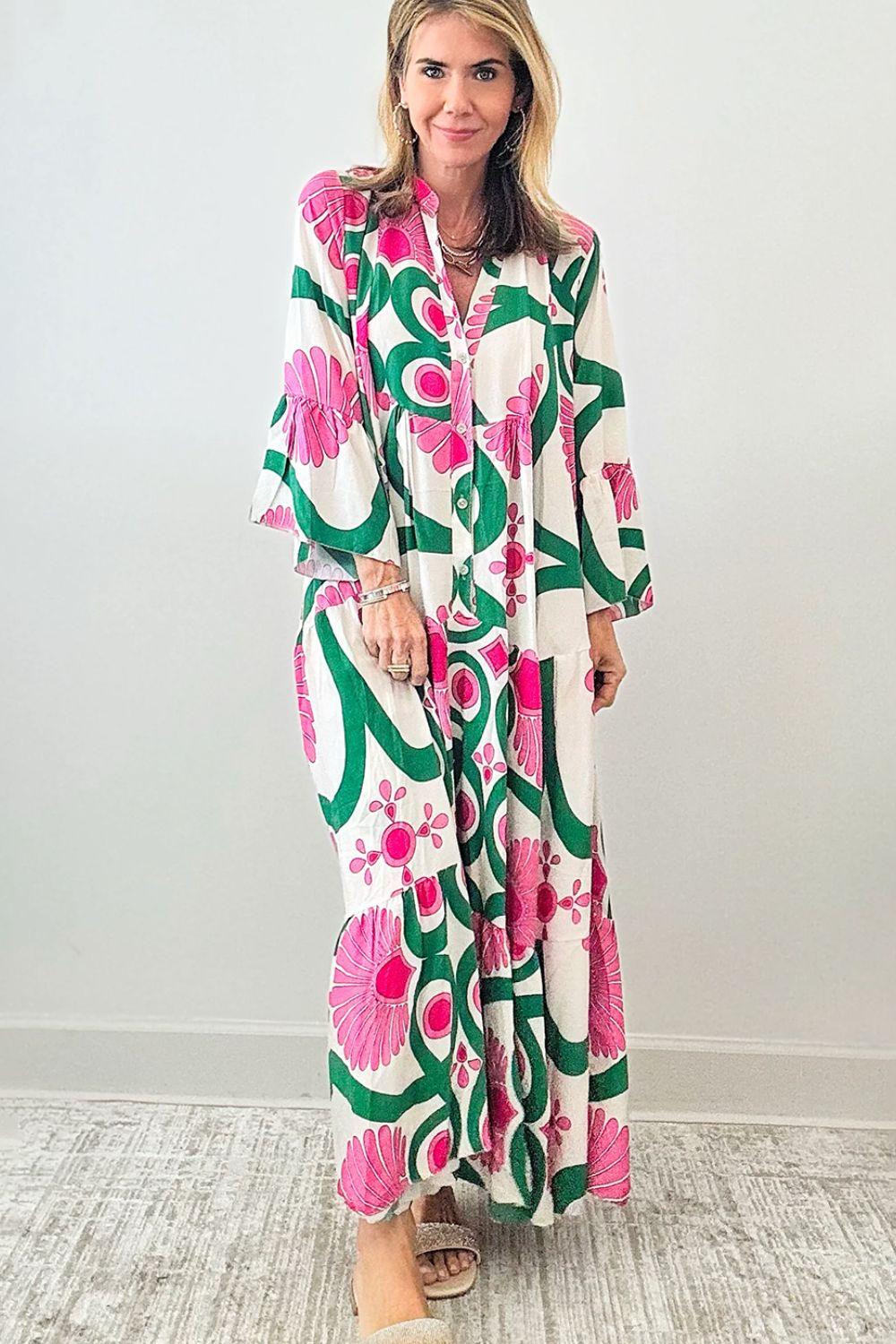 Printed Notched Long Sleeve Maxi Dress