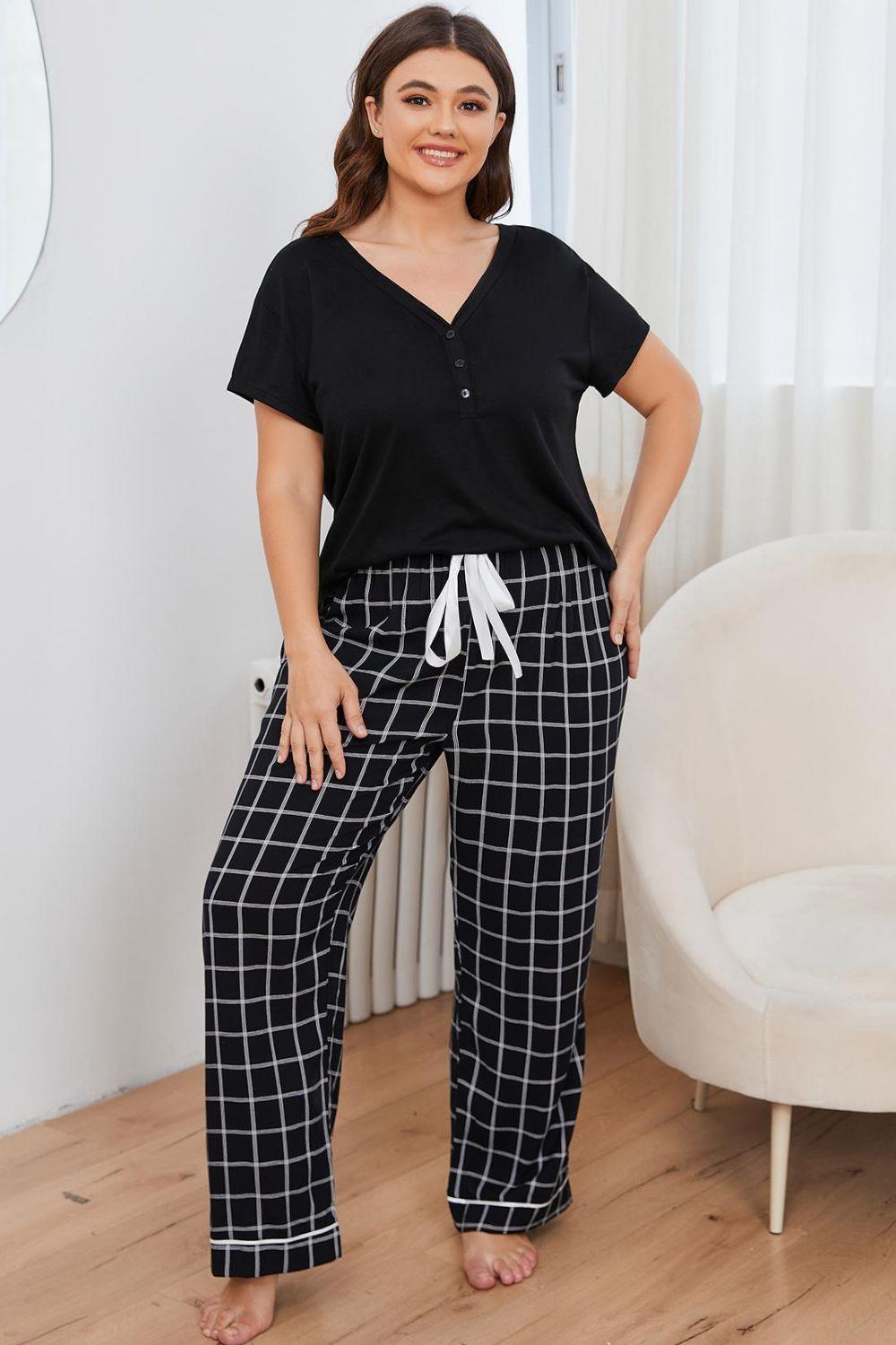 Plus Size V-Neck Top and Plaid Pants Lounge Set - Blu Lotus Boutique