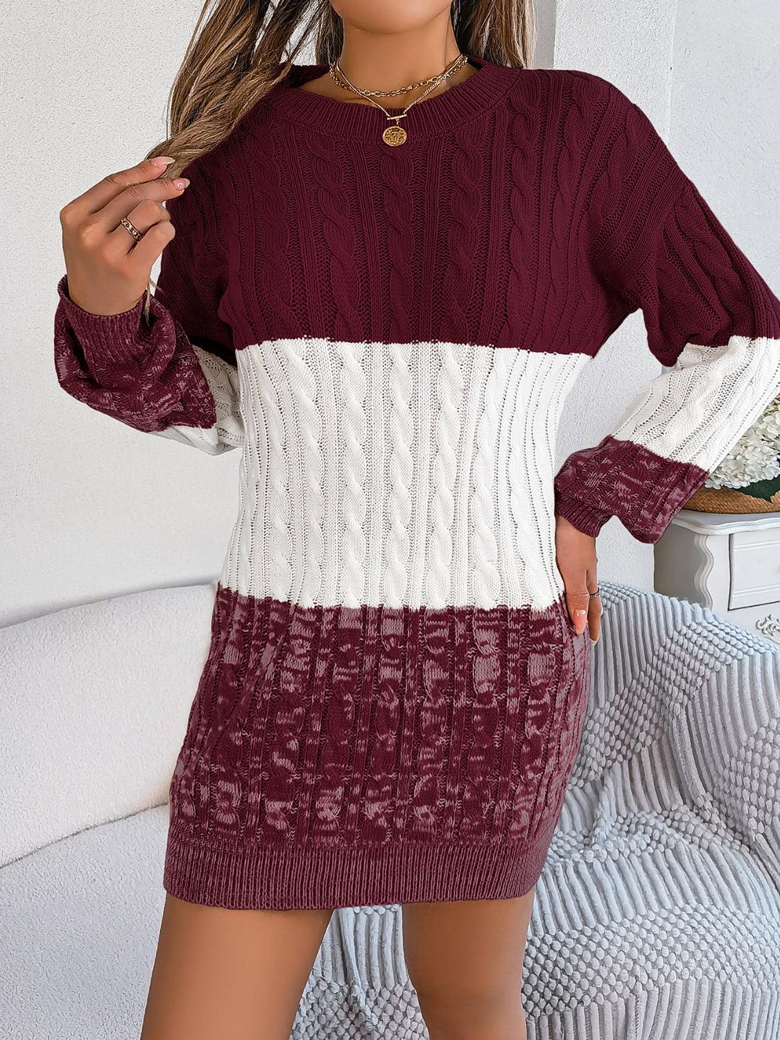 Cable-Knit Round Neck Color Block Sweater Dress - Blu Lotus Boutique