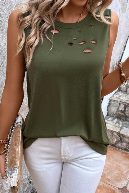 Jungle Green Solid Color Distressed Holes Crew Neck Tank Top - Blu Lotus Boutique