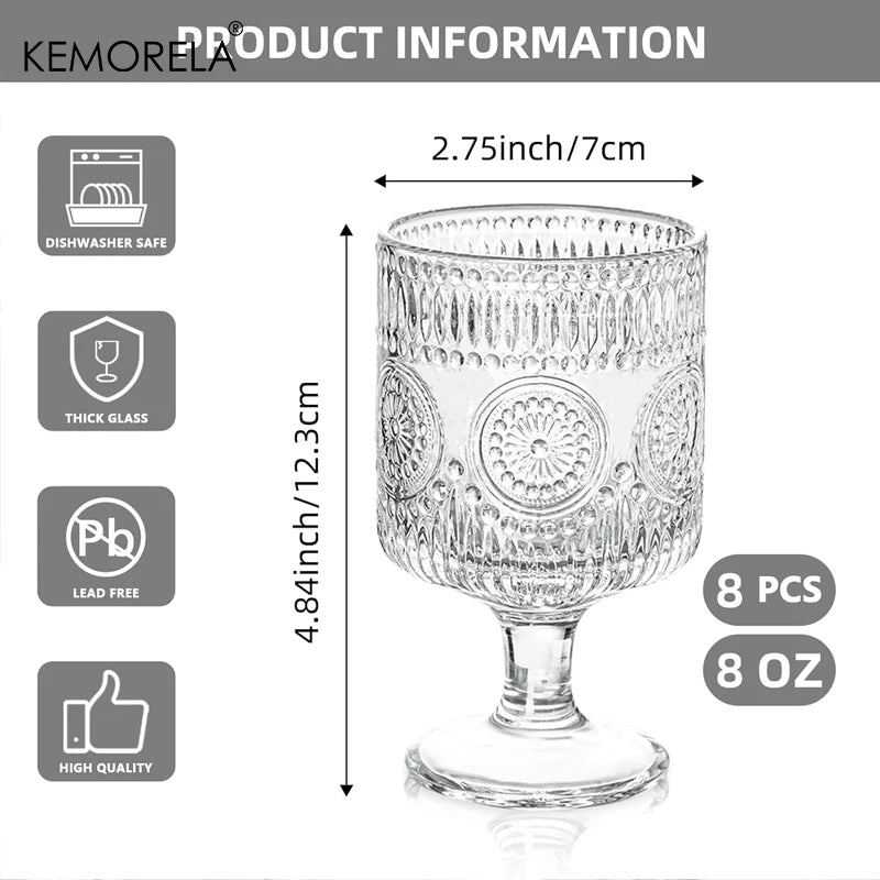 8PCS Romantic Vintage Goblet Glassware Charming Embossed Floral Cocktail Glass Set Mixed Drink Cups Bar Party Perfect Gift - Blu Lotus Boutique