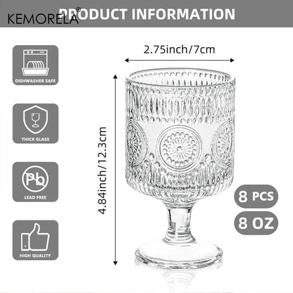 8PCS Romantic Vintage Goblet Glassware Charming Embossed Floral Cocktail Glass Set Mixed Drink Cups Bar Party Perfect Gift - Blu Lotus Boutique