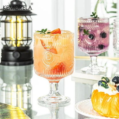 8PCS Romantic Vintage Goblet Glassware Charming Embossed Floral Cocktail Glass Set Mixed Drink Cups Bar Party Perfect Gift - Blu Lotus Boutique