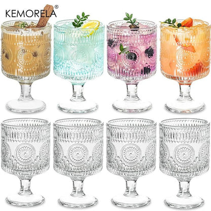 8PCS Romantic Vintage Goblet Glassware Charming Embossed Floral Cocktail Glass Set Mixed Drink Cups Bar Party Perfect Gift - Blu Lotus Boutique