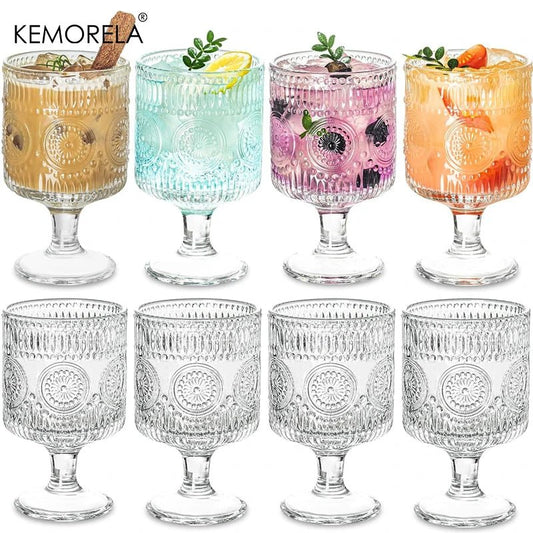 8PCS Romantic Vintage Goblet Glassware Charming Embossed Floral Cocktail Glass Set Mixed Drink Cups Bar Party Perfect Gift - Blu Lotus Boutique