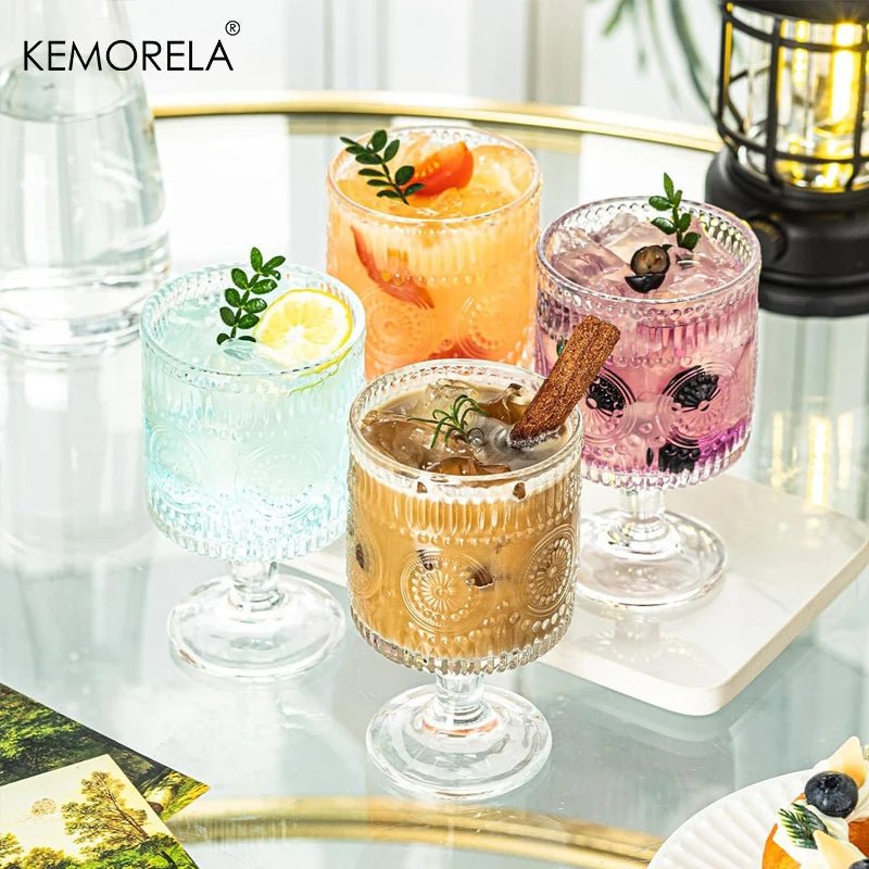 8PCS Romantic Vintage Goblet Glassware Charming Embossed Floral Cocktail Glass Set Mixed Drink Cups Bar Party Perfect Gift - Blu Lotus Boutique