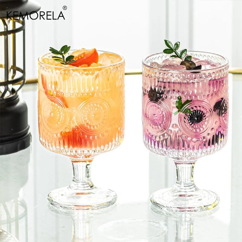 8PCS Romantic Vintage Goblet Glassware Charming Embossed Floral Cocktail Glass Set Mixed Drink Cups Bar Party Perfect Gift - Blu Lotus Boutique