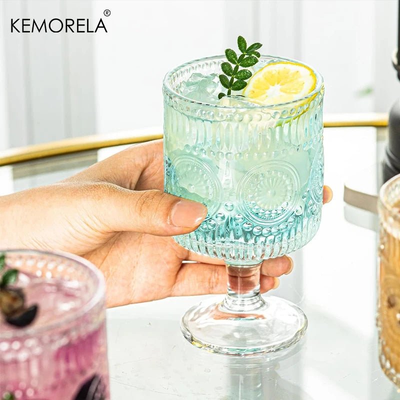 8PCS Romantic Vintage Goblet Glassware Charming Embossed Floral Cocktail Glass Set Mixed Drink Cups Bar Party Perfect Gift - Blu Lotus Boutique