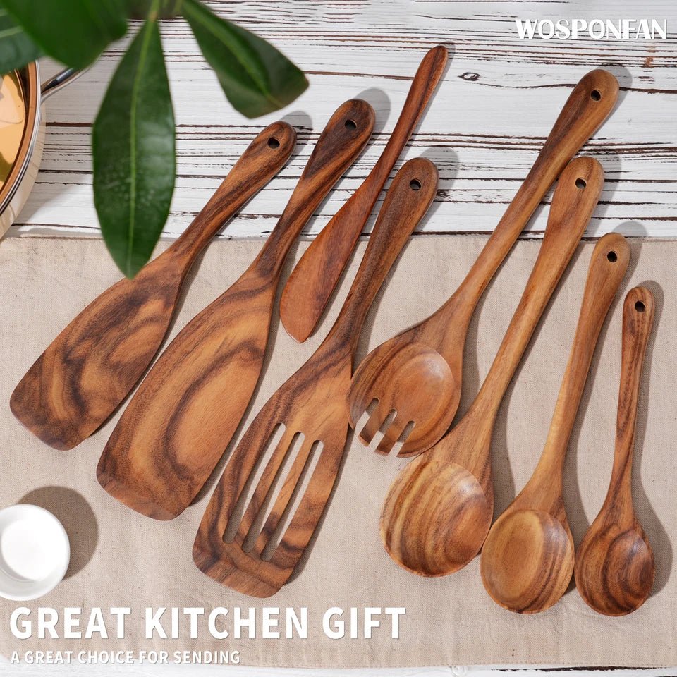 9 PCS Kitchen Utensils Set, Wooden Spoons for Cooking, Wooden Utensils for Cooking - Handmade Wooden Spoon Set - Blu Lotus Boutique