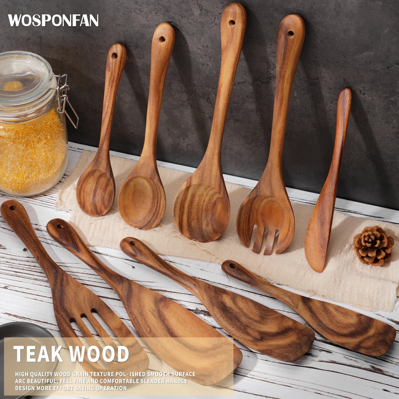 9 PCS Kitchen Utensils Set, Wooden Spoons for Cooking, Wooden Utensils for Cooking - Handmade Wooden Spoon Set - Blu Lotus Boutique