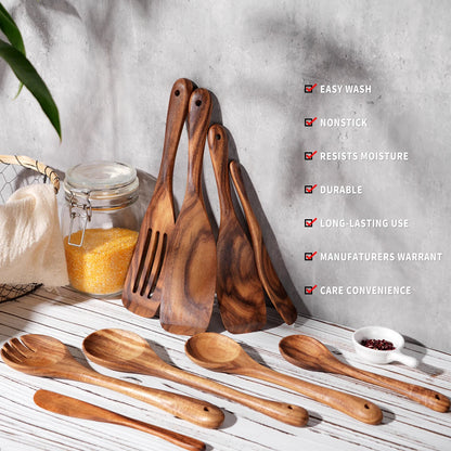 9 PCS Kitchen Utensils Set, Wooden Spoons for Cooking, Wooden Utensils for Cooking - Handmade Wooden Spoon Set - Blu Lotus Boutique