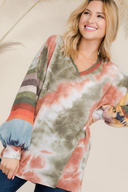 Celeste Full Size Tie-Dye Contrast Striped V-Neck Long Sleeve Blouse - Blu Lotus Boutique