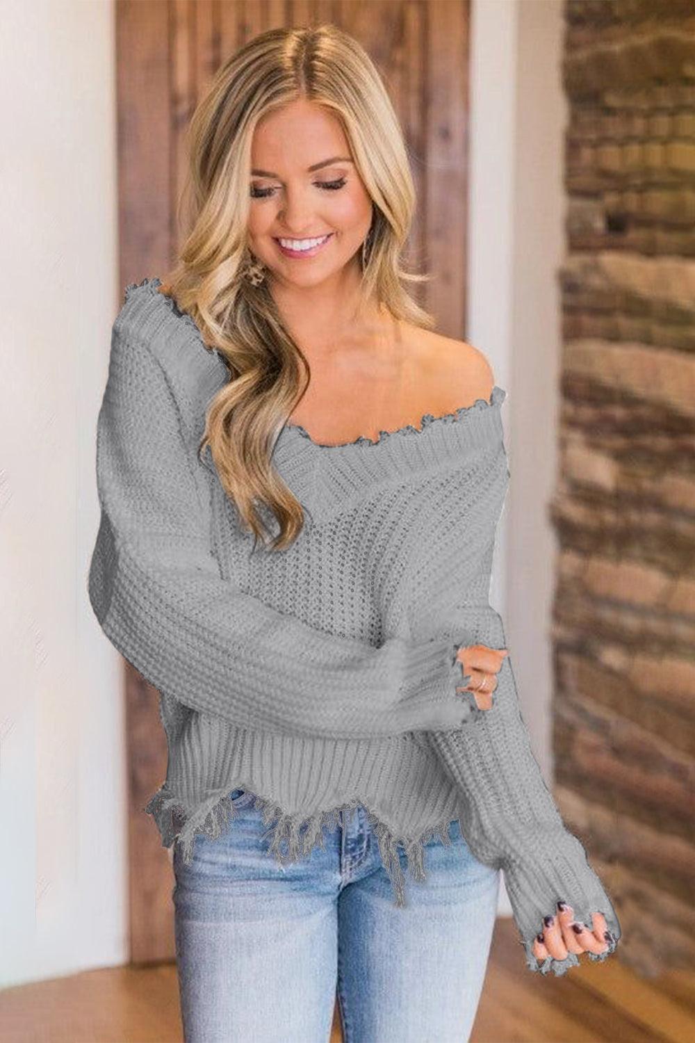 Frayed Hem Dropped Shoulder Sweater - Blu Lotus Boutique