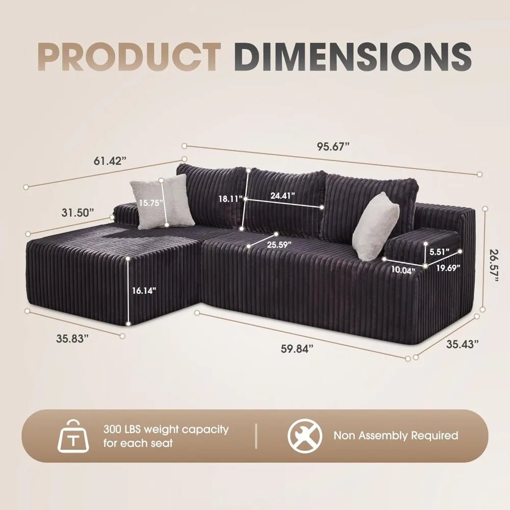 96“ Modular Sectional Sofa Couches L - Shape Couch 3 Seat Modular Sofa Memory Foam Sectional Couches for Living Room - Blu Lotus Boutique