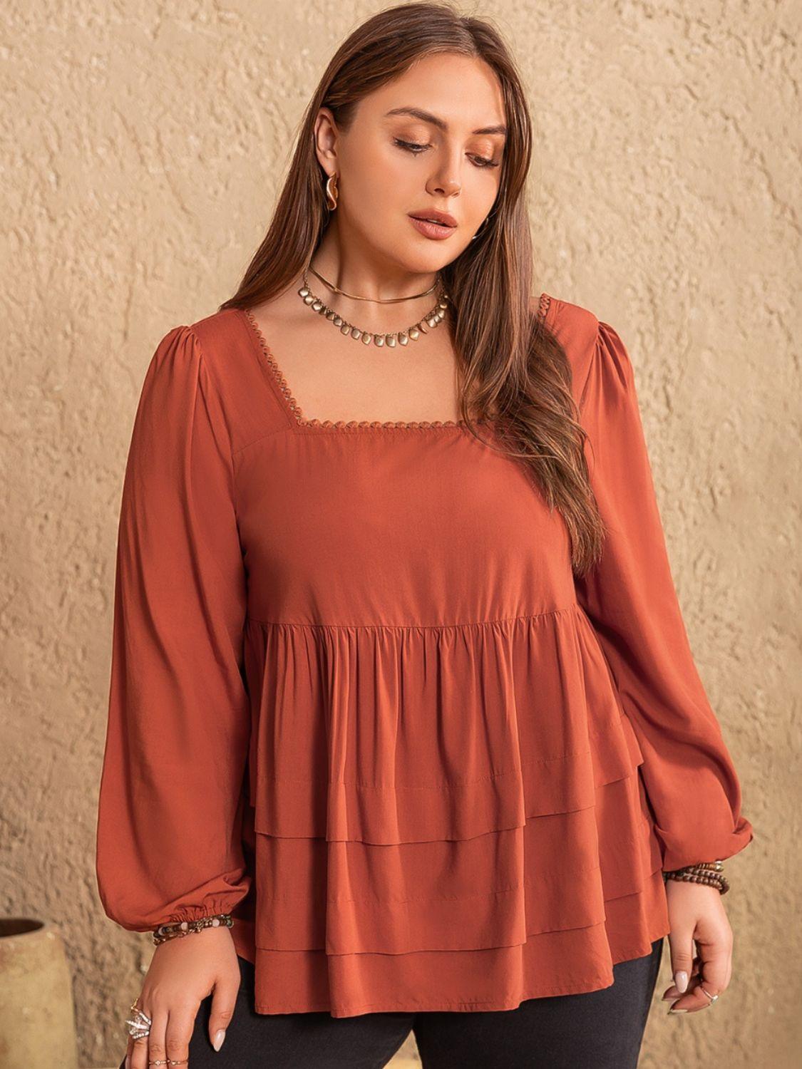 Plus Size Lace Detail Square Neck Long Sleeve Blouse - Blu Lotus Boutique