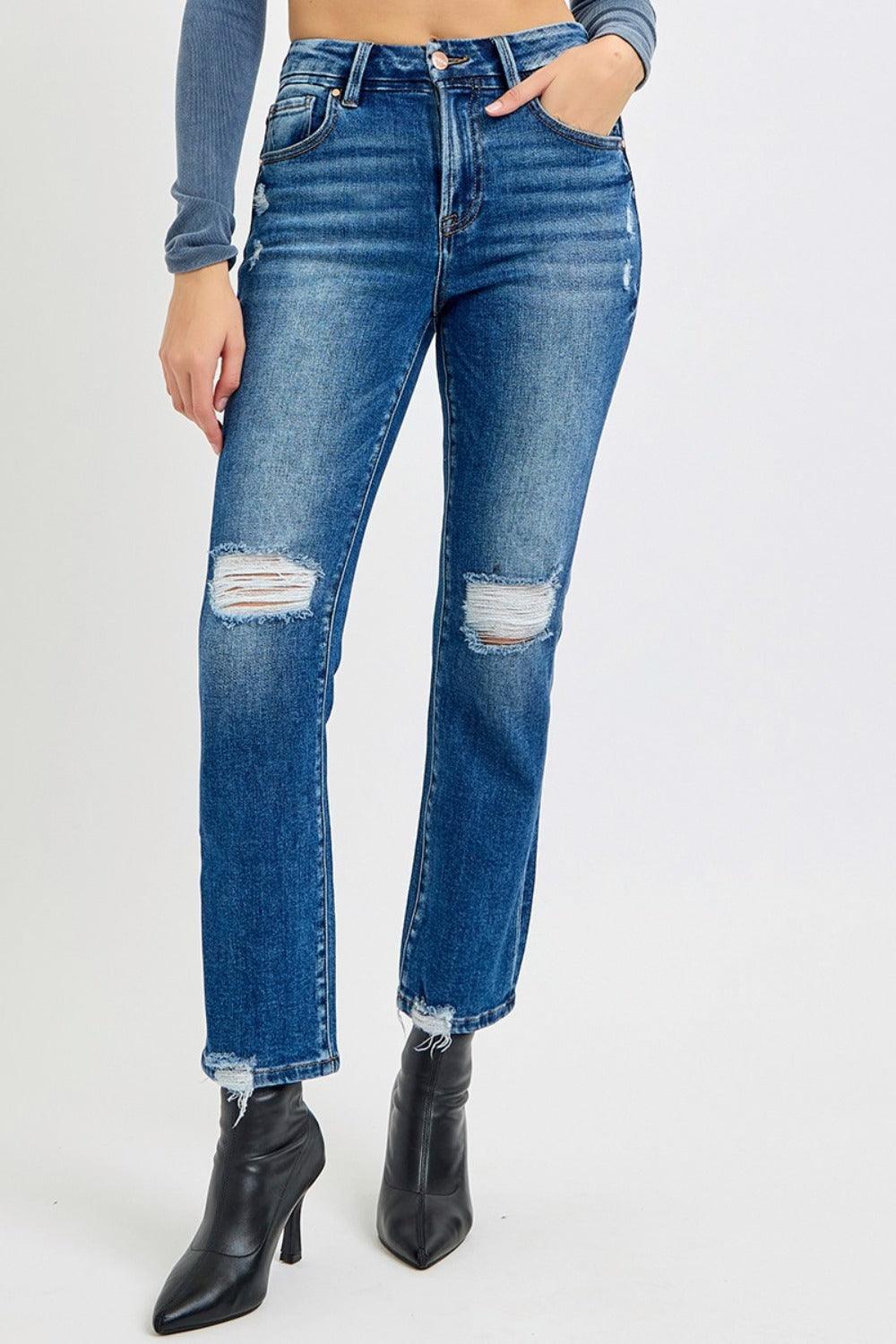 RISEN Full Size High Rise Distressed Crop Straight Jeans - Blu Lotus Boutique