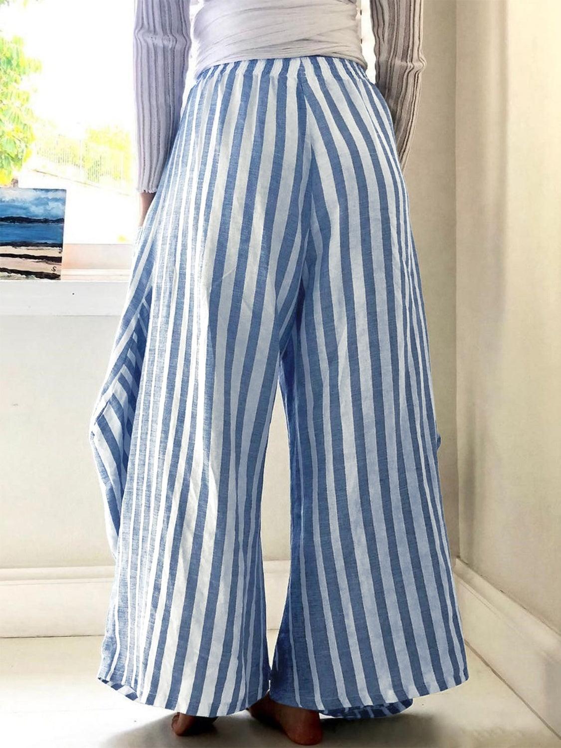 Striped Elastic Waist Wide Leg Pants - Blu Lotus Boutique