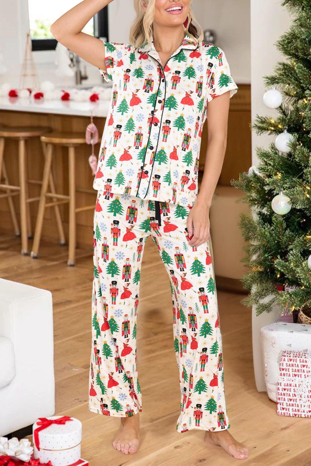 White Printed Christmas Pattern Buttoned Two Piece Sleepwear - Blu Lotus Boutique