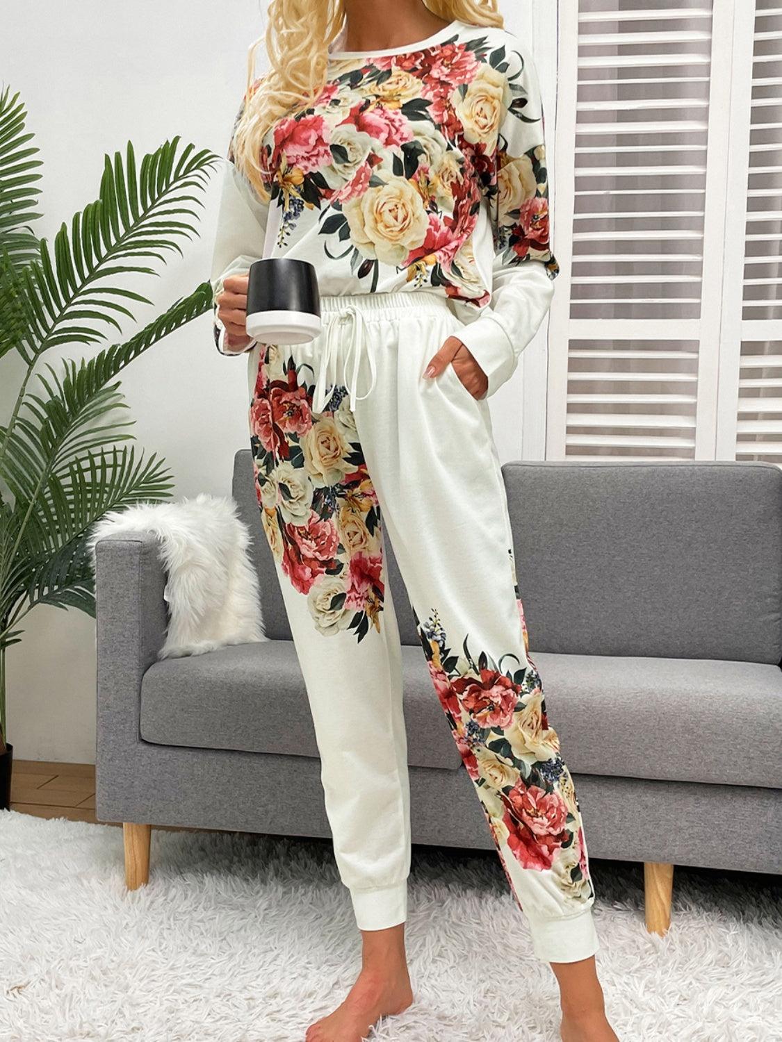 Shiny Printed Round Neck Top and Pants Lounge Set - Blu Lotus Boutique