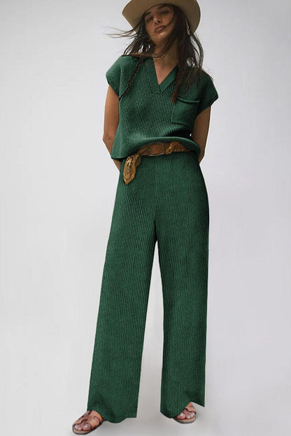 Green Knitted V Neck Sweater and Casual Pants Set - Blu Lotus Boutique