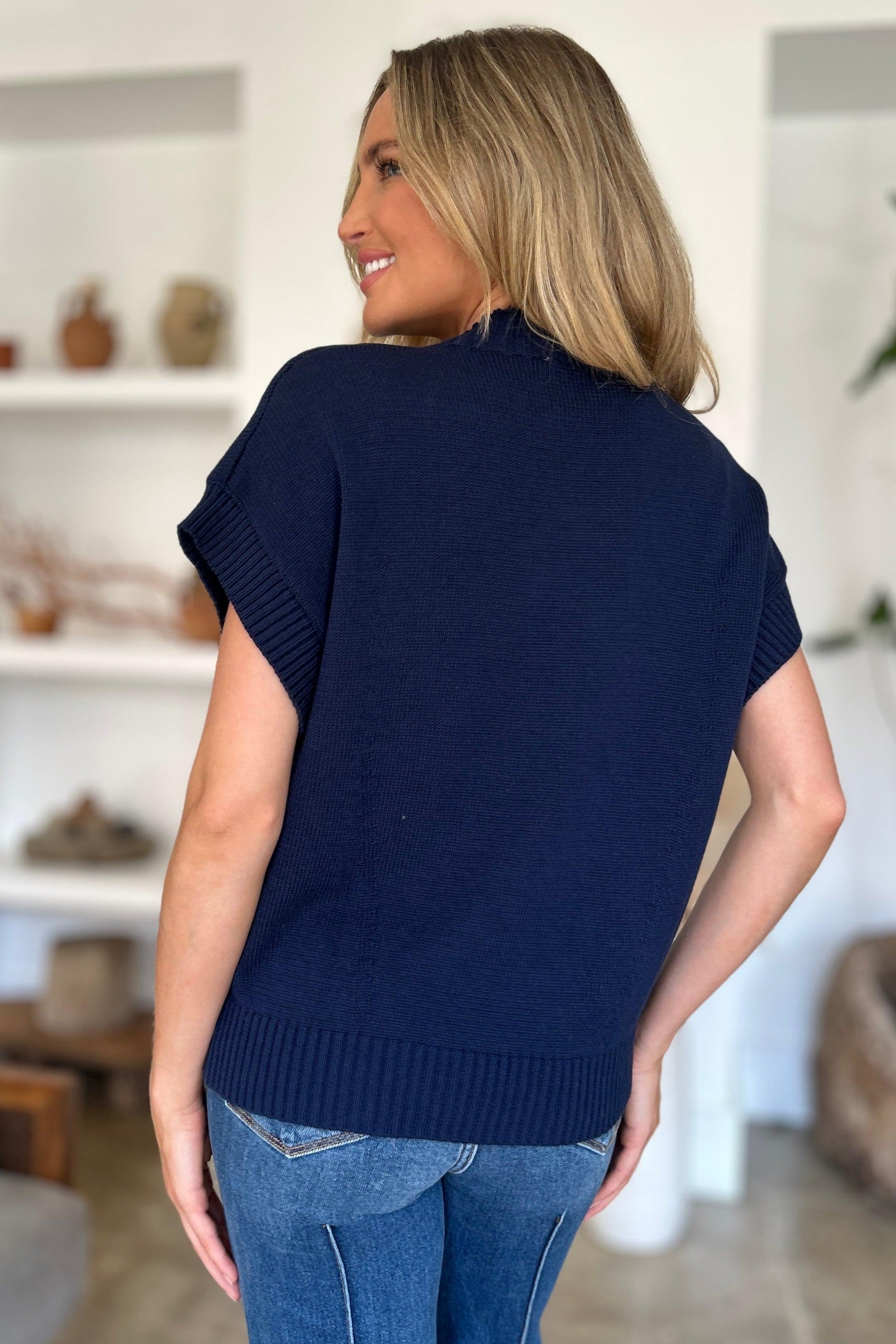 Double Take Full Size Mock Neck Short Sleeve Sweater - Blu Lotus Boutique