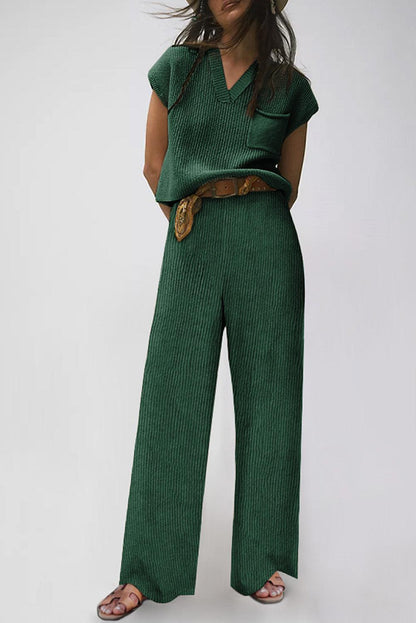 Green Knitted V Neck Sweater and Casual Pants Set - Blu Lotus Boutique