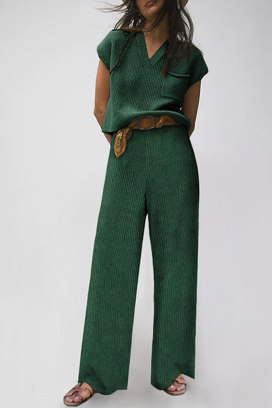 Green Knitted V Neck Sweater and Casual Pants Set - Blu Lotus Boutique