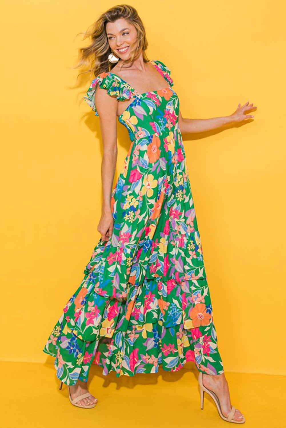 Green Floral Print Sleeveless Ruffle Tiered Maxi Dress - Blu Lotus Boutique