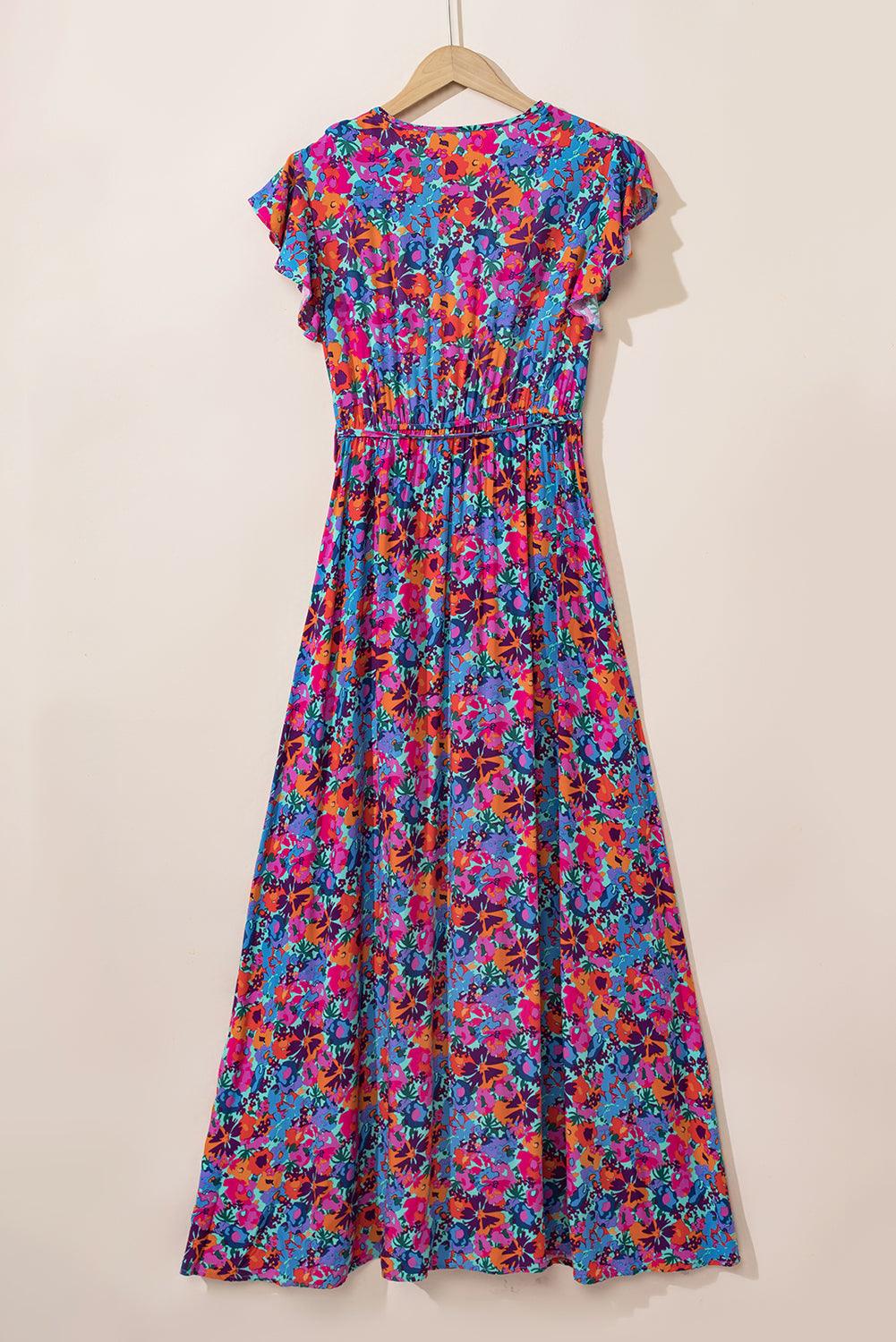 Blue Floral Print V Neck Wrap Split Maxi Dress - Blu Lotus Boutique