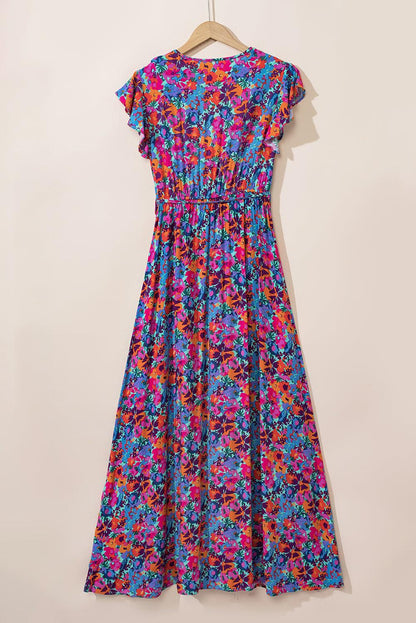 Blue Floral Print V Neck Wrap Split Maxi Dress - Blu Lotus Boutique