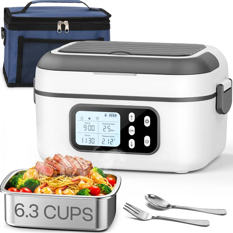 6.3 Cups Electric Heating Lunch Box with Digital Timer, Portable Stainless Steel Self-Heating Food Warmer, Plug & Battery Dual Use Heated Lunch Container, Travel Office Camping Food Heater with Cutlery & Storage Bag