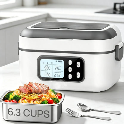 6.3 Cups Electric Heating Lunch Box with Digital Timer, Portable Stainless Steel Self-Heating Food Warmer, Plug & Battery Dual Use Heated Lunch Container, Travel Office Camping Food Heater with Cutlery & Storage Bag