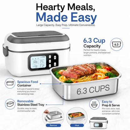 6.3 Cups Electric Heating Lunch Box with Digital Timer, Portable Stainless Steel Self-Heating Food Warmer, Plug & Battery Dual Use Heated Lunch Container, Travel Office Camping Food Heater with Cutlery & Storage Bag
