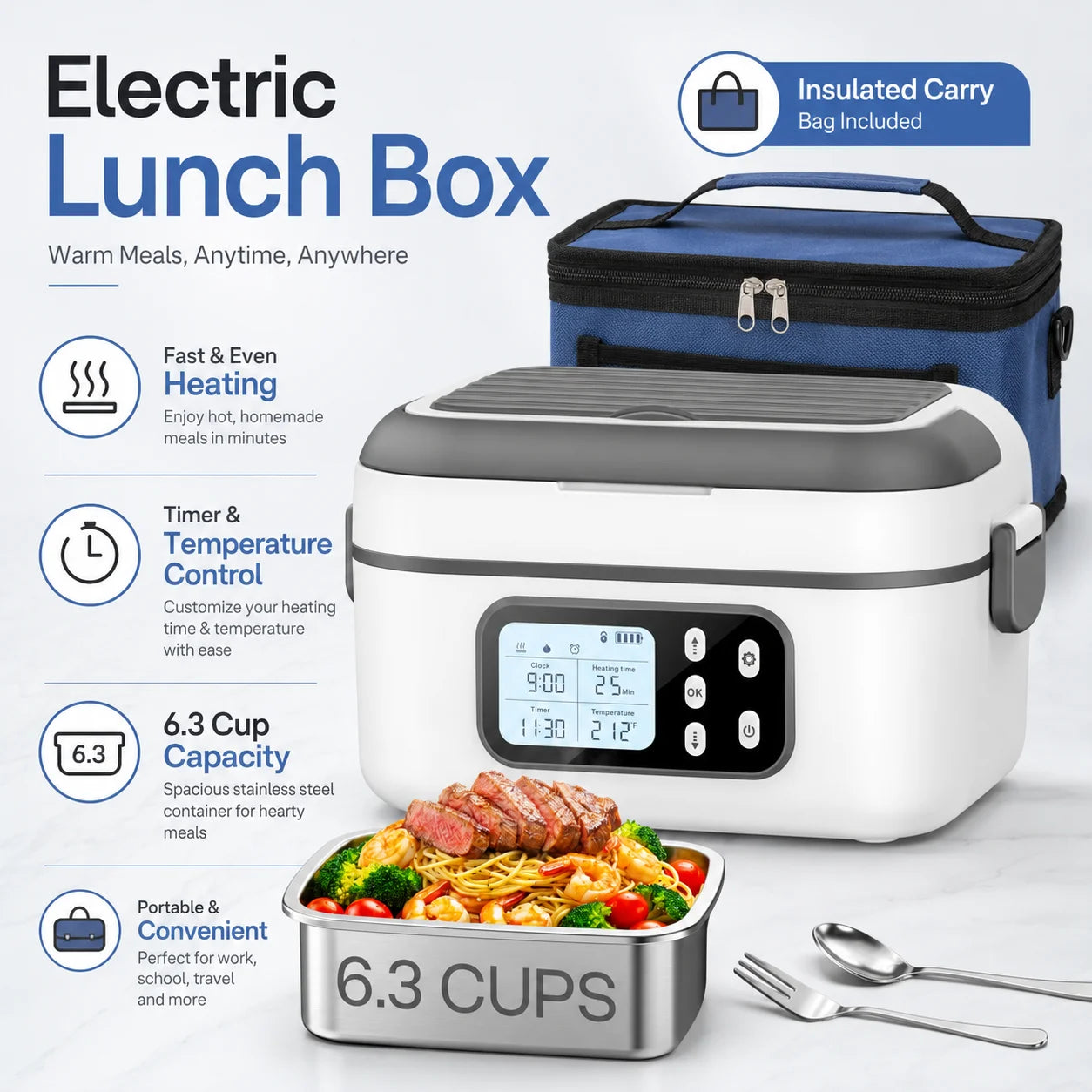 6.3 Cups Electric Heating Lunch Box with Digital Timer, Portable Stainless Steel Self-Heating Food Warmer, Plug & Battery Dual Use Heated Lunch Container, Travel Office Camping Food Heater with Cutlery & Storage Bag