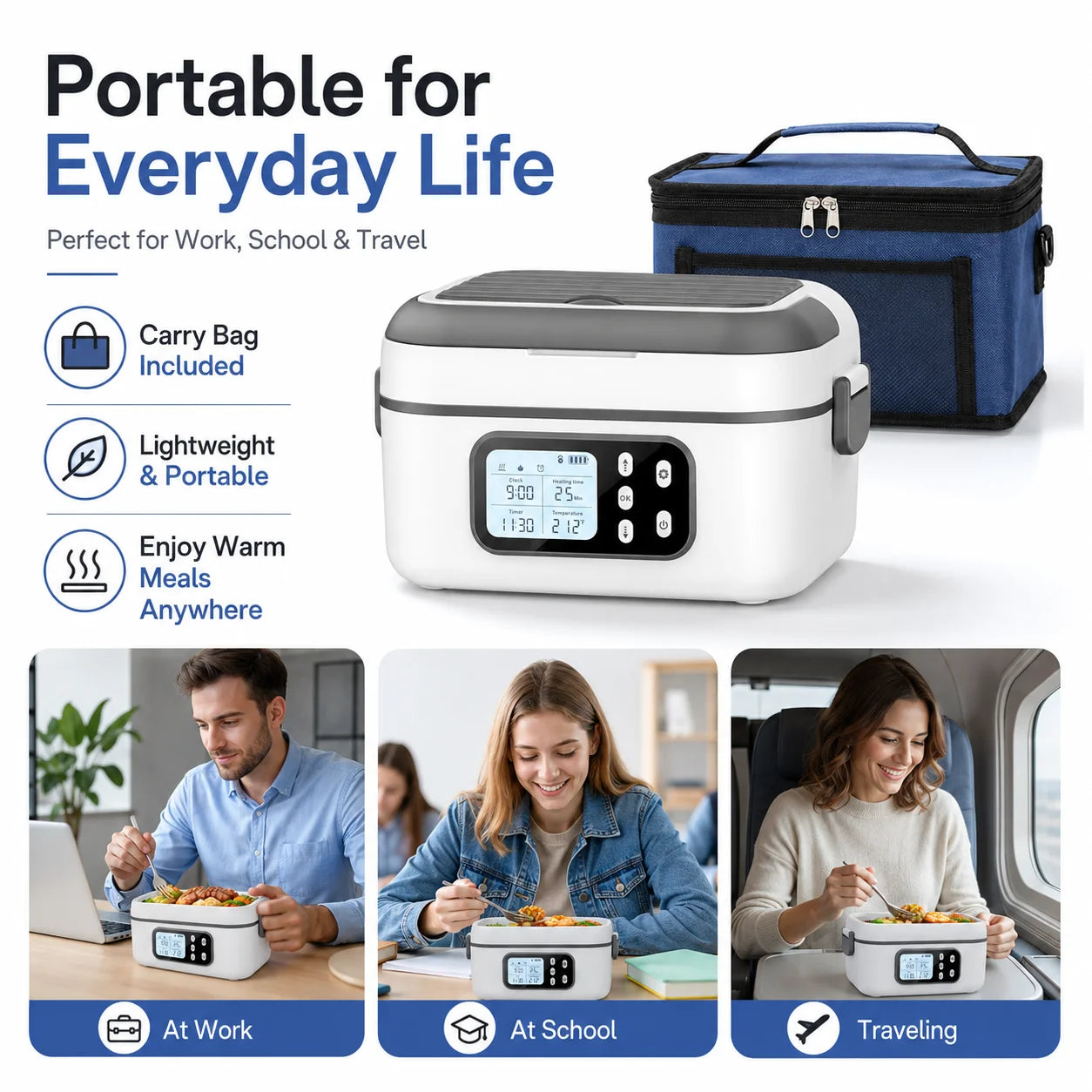 6.3 Cups Electric Heating Lunch Box with Digital Timer, Portable Stainless Steel Self-Heating Food Warmer, Plug & Battery Dual Use Heated Lunch Container, Travel Office Camping Food Heater with Cutlery & Storage Bag