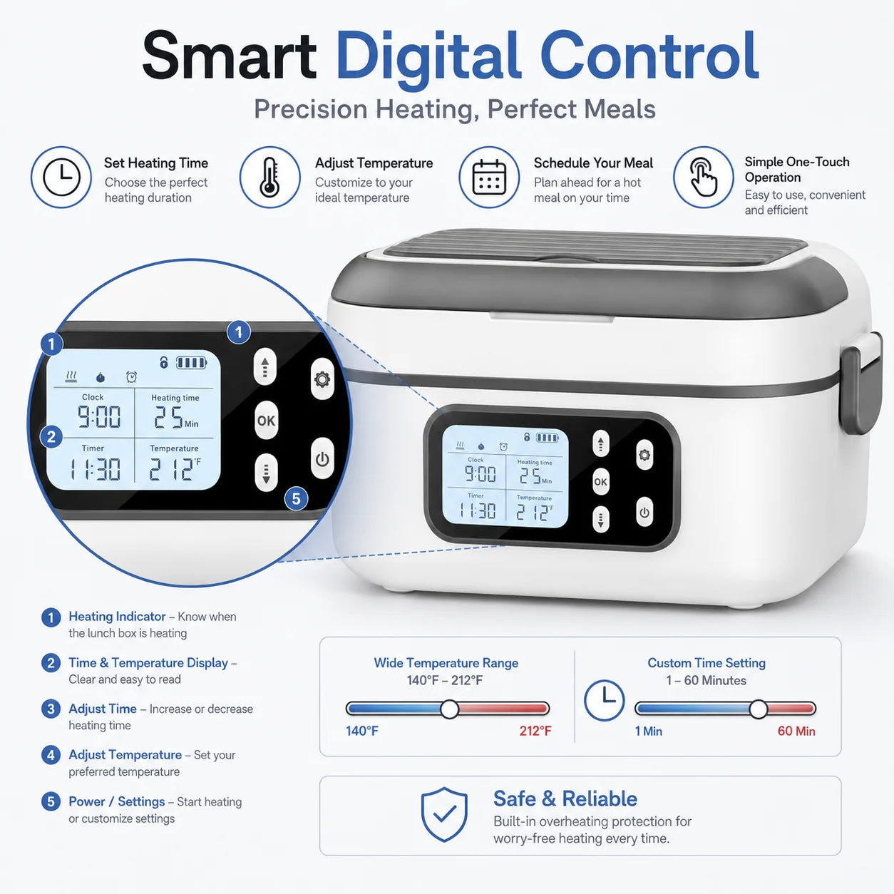6.3 Cups Electric Heating Lunch Box with Digital Timer, Portable Stainless Steel Self-Heating Food Warmer, Plug & Battery Dual Use Heated Lunch Container, Travel Office Camping Food Heater with Cutlery & Storage Bag