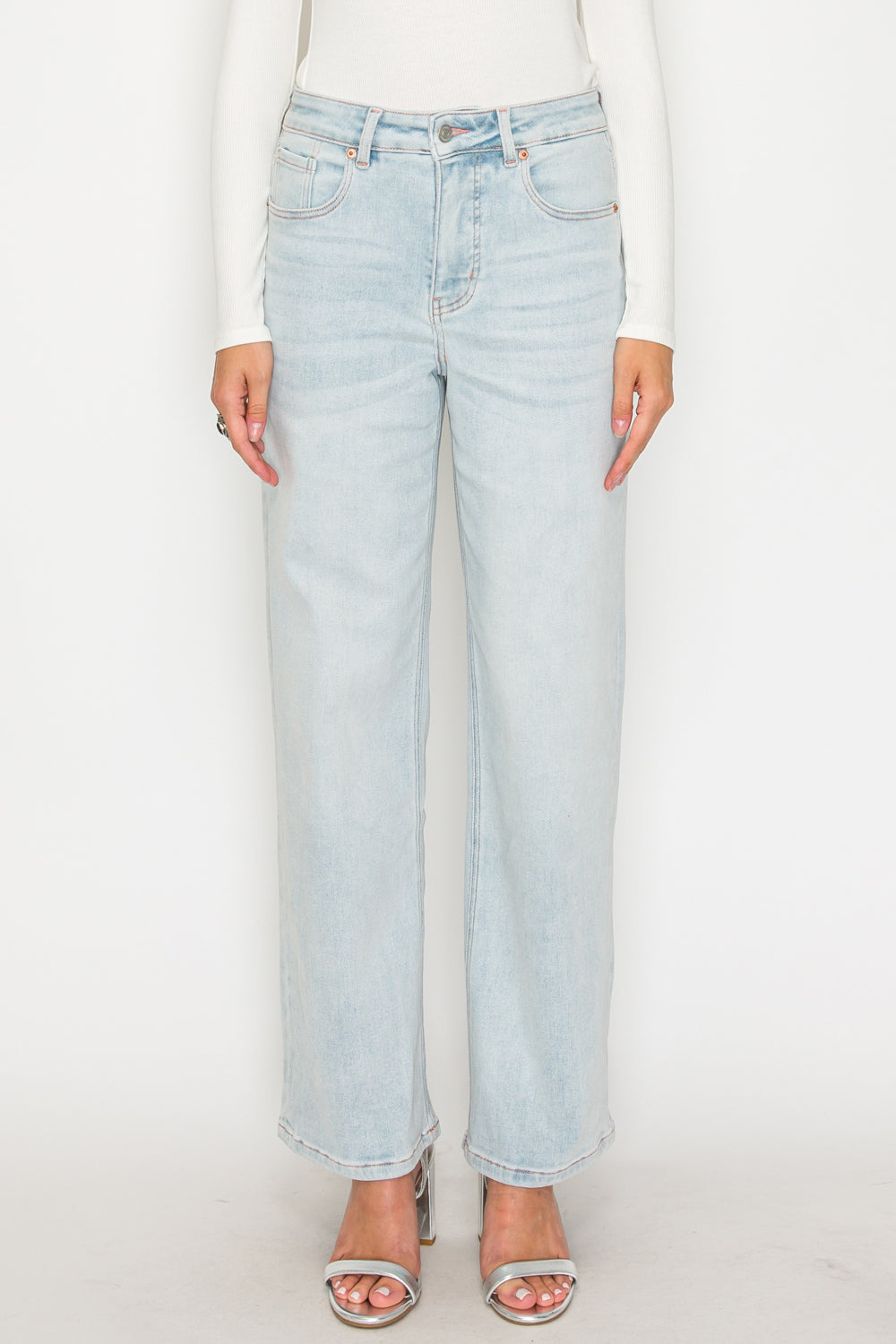 TUMMY CONTROL HIGH RISE MODAL FABRIC PINK THREAD STRAIGHT JEANS