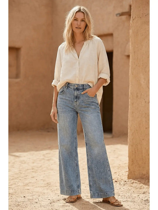 Adjustable Waistband High Rise Baggy Wide Jeans