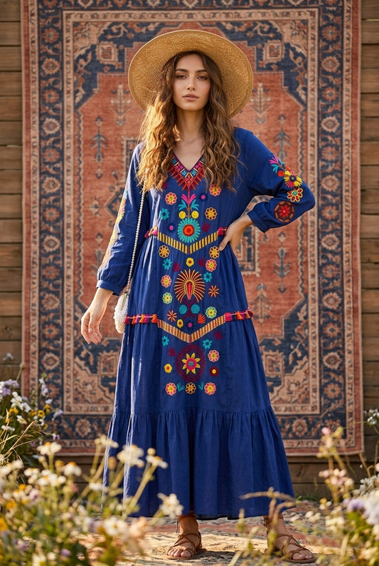 Vintage Women Dress Floral Embroidery Boho Dresses
